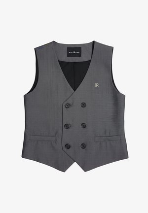 Gilet da uomo grigio doppiopetto con sei bottoni neri, due tasche anteriori e logo "JR" sul petto, con etichetta Richmond all'interno del colletto.