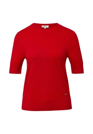 Red short-sleeve sweater with a round neckline, made of knit fabric, featuring a ribbed hem and a small brand logo accent on the side.