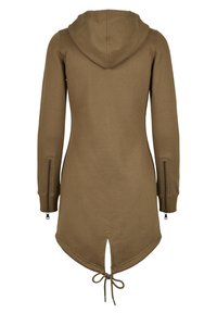 Kapotový svetr v olivově zelené barvě, s dlouhými rukávy se zipovými detaily, zaobleným spodním okrajem a stahovací šňůrkou v pase pro upravitelný střih.