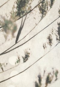 Motif abstrait de tissu avec des formes végétales floues vertes et brunes sur un fond beige clair, agrémenté de fines lignes diagonales foncées.