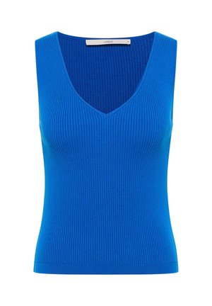 Bright blue sleeveless ribbed knit top with a deep V-neck and fitted silhouette, size 38, brand Lanius.