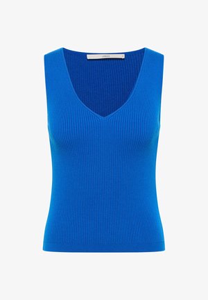 Bright blue sleeveless ribbed knit top with a deep V-neck and fitted silhouette, size 38, brand Lanius.