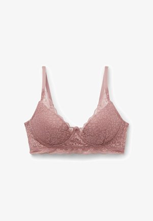 Spitzen-BH in einem gedeckten Rosaton mit floralem Muster, weichen Körbchen, verstellbaren Trägern und gewelltem Saum für zusätzliche Details.