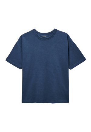T-shirt en coton bleu marine à manches courtes et col rond avec une coupe décontractée, présenté sur fond blanc.