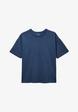 T-shirt en coton bleu marine à manches courtes et col rond avec une coupe décontractée, présenté sur fond blanc.