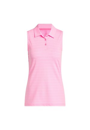 Polokošile světle růžové barvy s límečkem a třemi knoflíky. Má jemný pruhovaný vzor a je bez rukávů, vyrobená z lehké tkaniny.