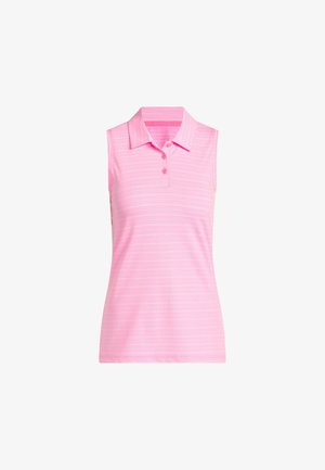 Camiseta tipo polo en rosa claro con cuello y tres botones. Presenta un patrón a rayas sutil y diseño sin mangas, fabricada con un tejido ligero.