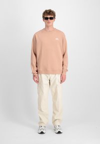 Felpa rosa chiaro con scollo a giro, logo bianco sul petto, abbinata a pantaloni cargo beige e scarpe da ginnastica grigie. Occhiali da sole neri indossati.