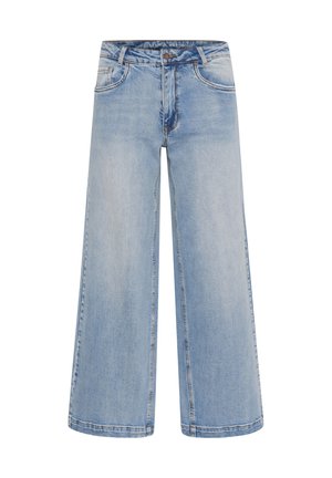 Light blue wide-leg jeans featuring a high waist, five pockets, and contrast stitching. Made from denim with a smooth texture.