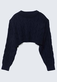 Pull court bleu marine avec motif en maille torsadée, manches larges, encolure et poignets côtelés. Texture douce et coupe décontractée.