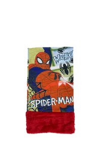 Spider-Man-deken met een blauw en groen bedrukt bovenstuk met een Spider-Man-ontwerp, een rood fuzzy onderstuk en de tekst "SPIDER-MAN".
