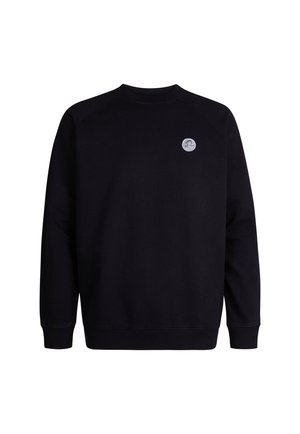 Svart sweatshirt med rund hals och långa ärmar. Har en liten cirkulär logga på den övre vänstra bröstet. Mjuk tygtextur.
