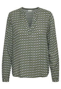 Grøn bluse med mønster og lange ærmer, der har en V-halsudskæring og diamantformer i kremfarvet og mørkegrøn. Letvægts, glat stof.