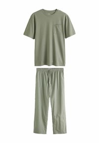 Hellgrünes Baumwoll-T-Shirt mit kurzen Ärmeln und einer Brusttasche, kombiniert mit hellgrünen gestreiften Schlafanzughosen, die einen elastischen Bund haben.