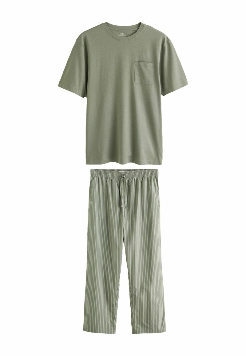 Hellgrünes Baumwoll-T-Shirt mit kurzen Ärmeln und einer Brusttasche, kombiniert mit hellgrünen gestreiften Schlafanzughosen, die einen elastischen Bund haben.