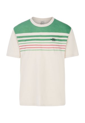 Majica s kratkim rukavima u krem boji s zeleno-ružičastom prugastom šarom preko grudnog dijela, s malim crnim logotipom na lijevoj strani.