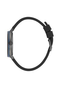 Montre avec bracelet en silicone noir, boîtier rond gris, accent bleu sur la lunette et couronne noire. Design minimaliste, texture lisse et forme épurée.