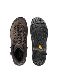 Scarponcino da hiking marrone in pelle con zone in mesh, design con lacci e suola robusta Vibram con tasselli profondi per una migliore aderenza.