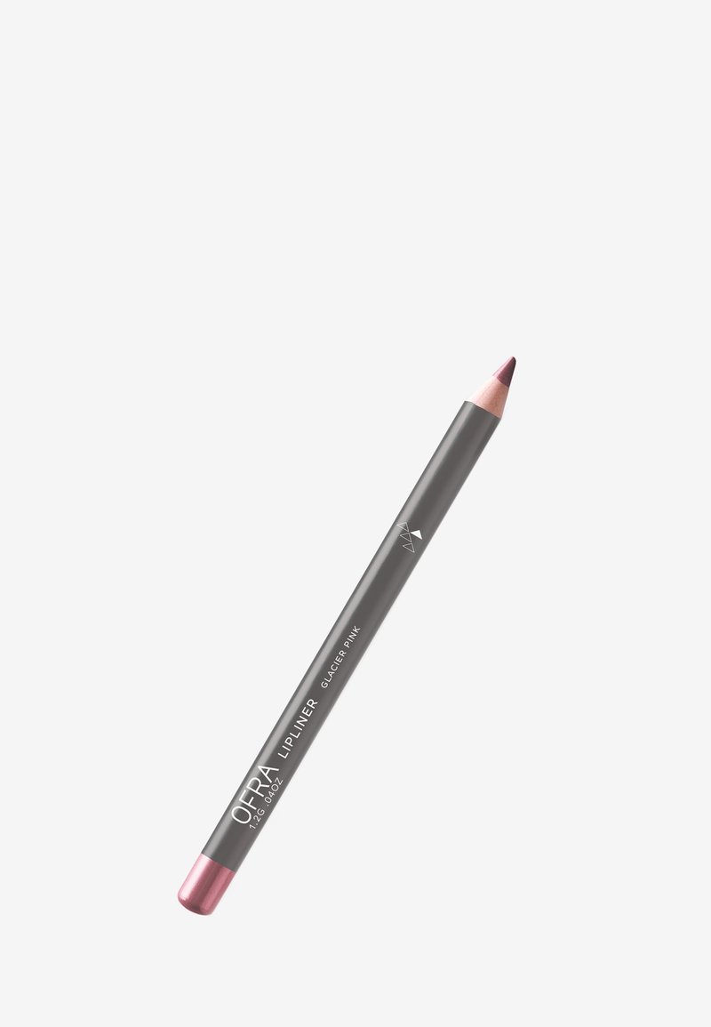Grijze liplinerpotlood met een lichtroze punt. Het etiket leest "OFRA LIP LINER GLACIER PINK," met een driehoekig logo dicht bij de basis.