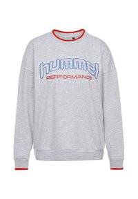 Grå sweatshirt med röda och blå accenter, med rund halsringning och texten "hummel PERFORMANCE" i fetstil över framsidan.