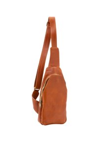 Borsa a tracolla in pelle marrone con tasca laterale con zip, tracolla regolabile e texture liscia. Presenta cuciture a contrasto e una forma moderna.