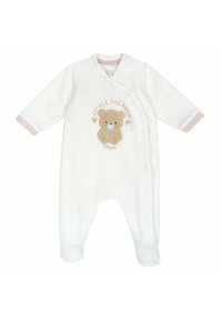 Vit mjuk tyg-onesie med långa ärmar, med en beige björngrafik och texten "LITTLE DREAMER". Ljust rosa detaljer vid manschetterna.