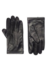 Czarne skórzane rękawiczki o gładkiej fakturze, z projektem na pięć palców, trzema ozdobnymi przeszyciami na grzbiecie i dopasowanym mankietem.