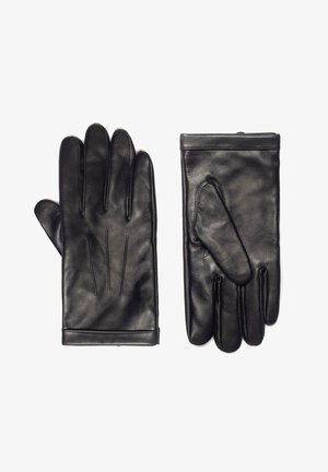 Černé kožené rukavice s hladkou strukturou, s pětiprstým designem, třemi dekorativními stehy na zadní straně a přiléhavým lemem.