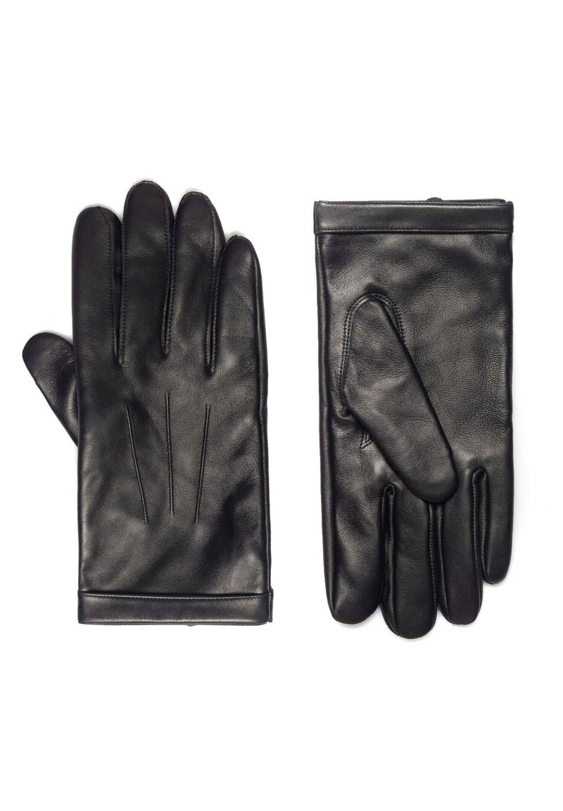 Czarne skórzane rękawiczki o gładkiej fakturze, z projektem na pięć palców, trzema ozdobnymi przeszyciami na grzbiecie i dopasowanym mankietem.