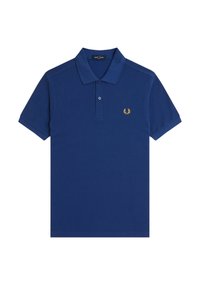 Polo shirt navy in cotone, con colletto a due bottoni, maniche corte e logo ricamato in oro sul lato sinistro del petto.