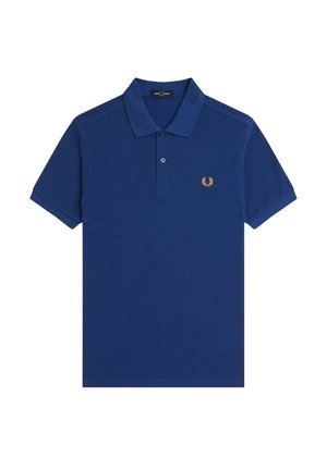 Polo shirt navy in cotone, con colletto a due bottoni, maniche corte e logo ricamato in oro sul lato sinistro del petto.