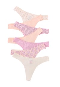 Set of seven women's thongs in varying shades of pink and cream. Features include polka dots, floral patterns, and lace accents.