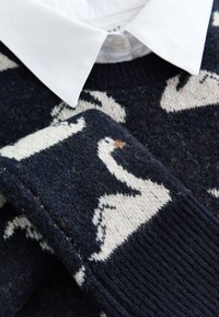 Pull bleu marine avec motifs de cygnes blancs associé à une chemise blanche à col, montrant la texture en tricot et les détails des boutons.