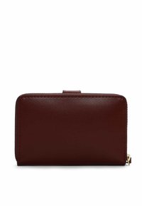 Burgundy leather wallet with a smooth texture, zip closure, and a small top handle. Features a minimalist design with no patterns.
