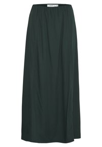 Jupe longueur genou en vert foncé, fabriquée en tissu lisse. Elle possède une taille élastique et des coutures latérales discrètes pour un ajustement décontracté.