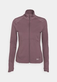 Maroon zip-up jacket made from lightweight, stretchy fabric. Features a high collar and flatlock seams for comfort; logo near the hem.