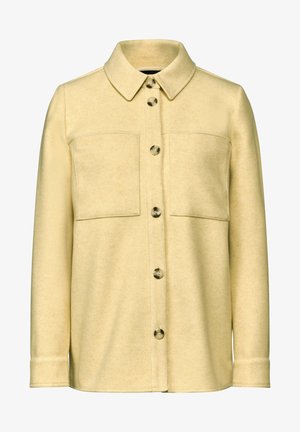 Gul uld-blanding skjortejakke med krave, to forlommer og seks knapper fortil. Glat tekstur med en let børstet finish.