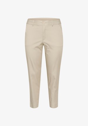 Pantaloni in misto cotone beige con taglio dritto, vita media e chiusura con un solo bottone. Presentano tasche laterali e orli ben rifiniti.