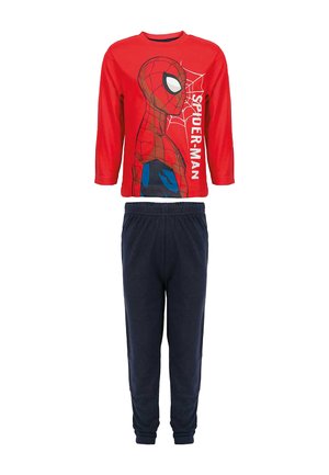Red long-sleeve top with large Spider-Man graphic and text, paired with plain navy blue elastic-waist pants pajama set.