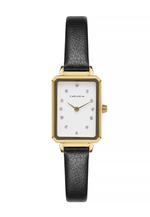 Gold rectangular watch with a white face, black leather strap, and rhinestone markers for hours, featuring a small side crown.