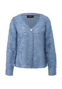 Lichtblauwe cardigan met een gestructureerd, rafelig oppervlak. V-hals ontwerp, lange mouwen en een enkele knoopsluiting aan de voorkant.