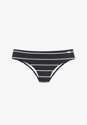 Zwarte bikini onderkant met witte horizontale strepen. Glad materiaal met een low-rise ontwerp en minimale bedekking. Kenmerkt zich door een dunne tailleband.