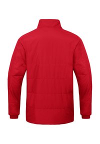 Giacca imbottita rossa con colletto alto, caratterizzata da una texture liscia e un motivo trapuntato. Maniche lunghe con polsini elastici. Nessun hardware visibile.