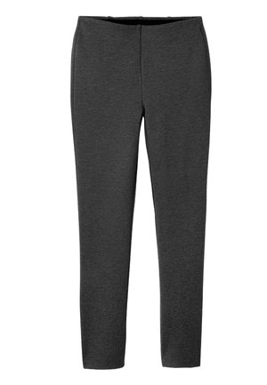 Pantalon extensible gris foncé à texture lisse, coupe ajustée, avec une taille élastique, conçu sans poches ni éléments visibles.
