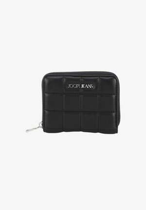 Cartera negra acolchada de cuero, con un acento de logo plateado y cierre de cremallera. Diseño compacto con un acabado texturizado.