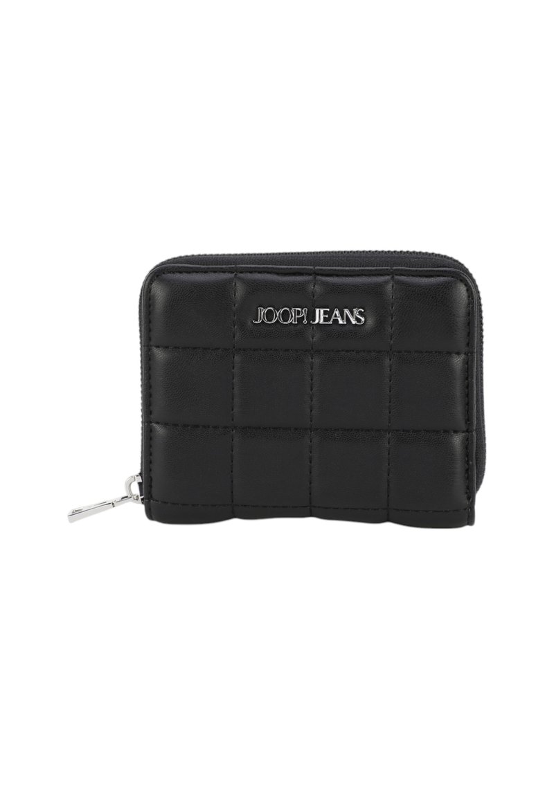 Portafoglio nero trapuntato in pelle, con un accento in logo argentato e chiusura a zip. Design compatto con una finitura testurizzata.