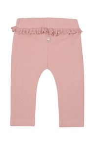 Roze katoenen leggings met franje-accenten bij de tailleband. Heeft een zachte textuur en een klein merklabel. Eenvoudig en aansluitend ontwerp.