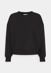 Sudadera negra hecha de tejido suave, con un cuello redondo, mangas largas y un dobladillo corto con puños y cintura acanalados.