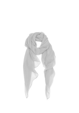 Sciarpa in chiffon leggero grigio chiaro, annodata sciolta con lunghe estremità fluenti su sfondo bianco.