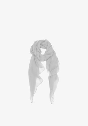 Sciarpa in chiffon leggero grigio chiaro, annodata sciolta con lunghe estremità fluenti su sfondo bianco.